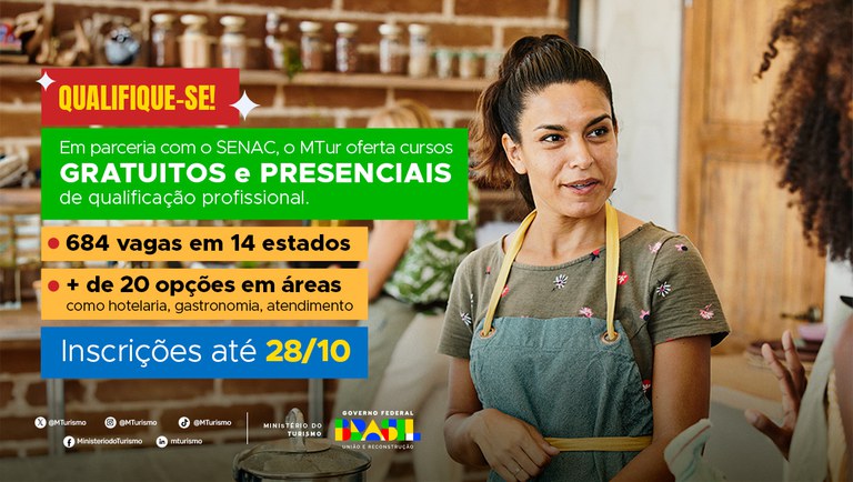 MTur abre inscrições para cursos presenciais gratuitos de qualificação profissional em parceria com o SENAC